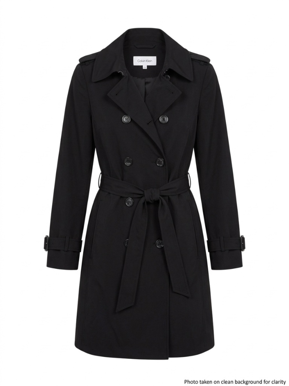 Calvin Klein Black Double-Breasted Belted Trench Coat, Size Medium